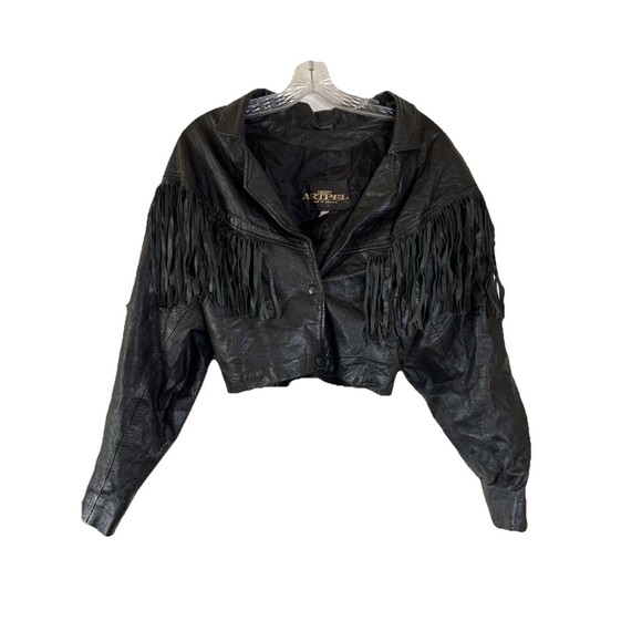 ARTPEL Fringe Crop Western Boho Leather Black Jacket Sz Small W/ Shoulder Pads - Picture 1 of 11